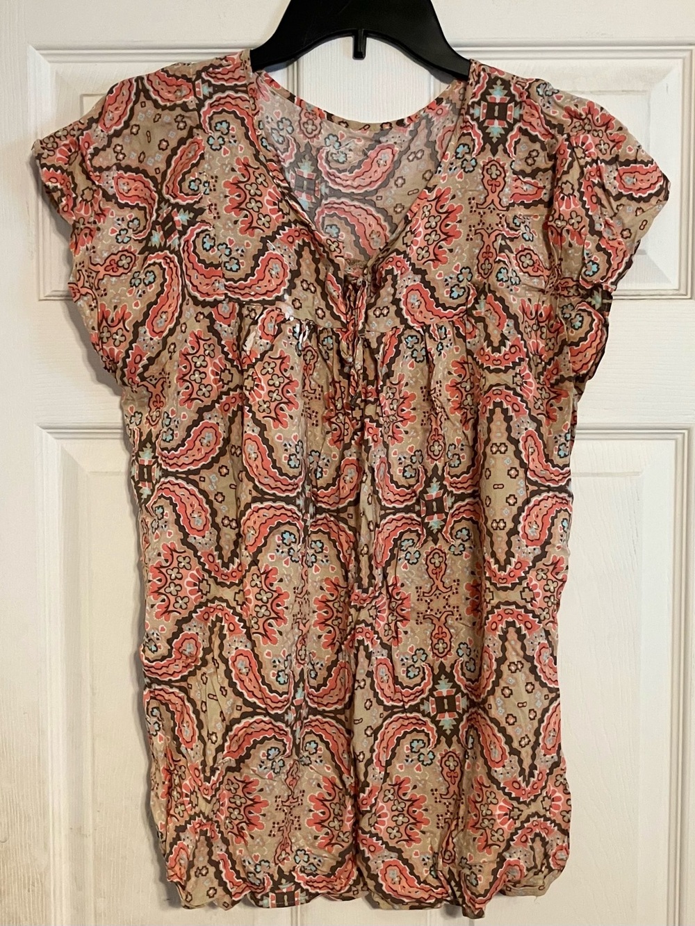 Women’s Paisley Tie Front Cap Sleeve Peasant Blouse Top Beige Pink L